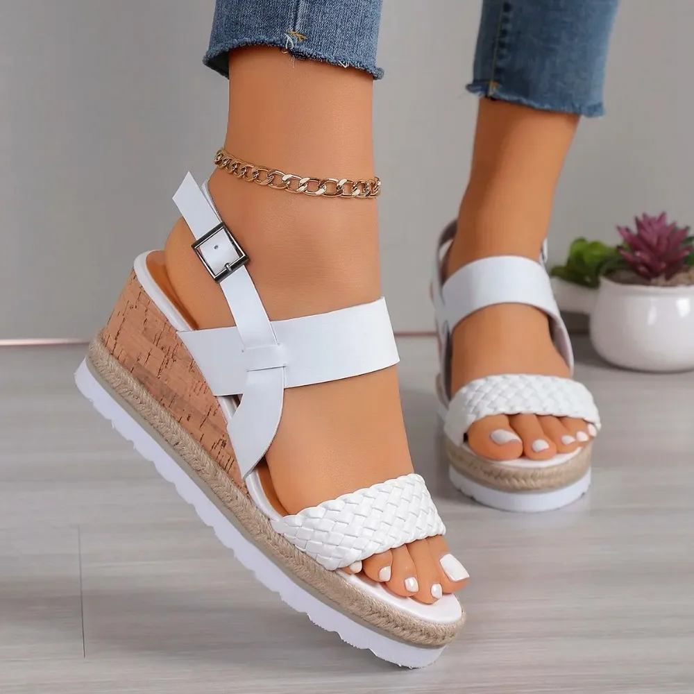 Sandalias de cuña para mujer, zapatos de tacón alto estilo bohemio, Punta abierta, diamantes de imitación, correa elástica, para exteriores, 2024