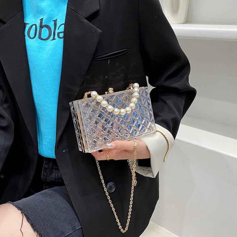 Colorful Transparent Pvc Shoulder Bag for Woman 2024 Luxury Designer Handbag and Purse Pearl Crossbody Bag Summer Ladies Box Bag