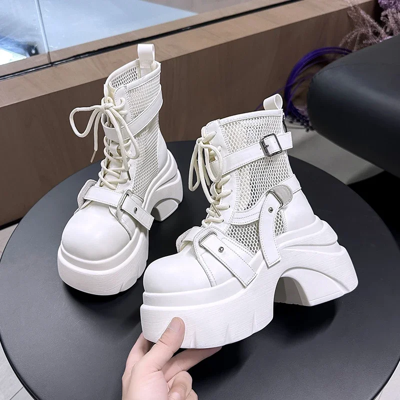 

Designer Womens Short Boots Mesh Summer Cool Boots Gladiator Belt Buckle Platfom Boots for Women Leather Chunky Boot Botas Mujer