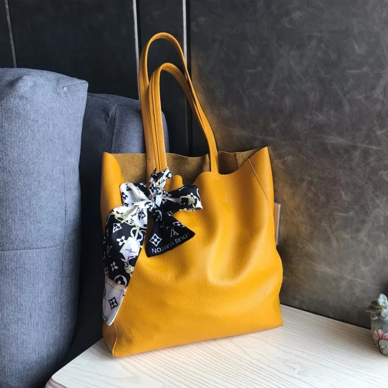 

Soft Leather Tote Bag Magazine Sle Lazy Faion Yellow Simple Trendy Match Top Layer Cowhide Large Soft oulder Bag