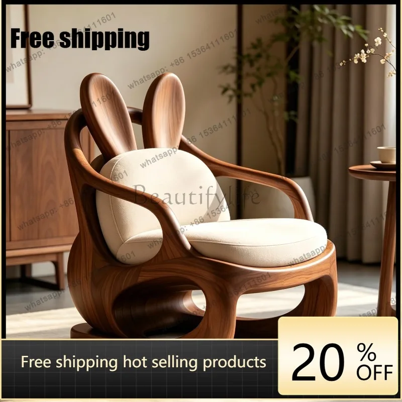 YJ new Chinese cute cartoon solid wood single sofa chair black walnut leisure chair modern and simple