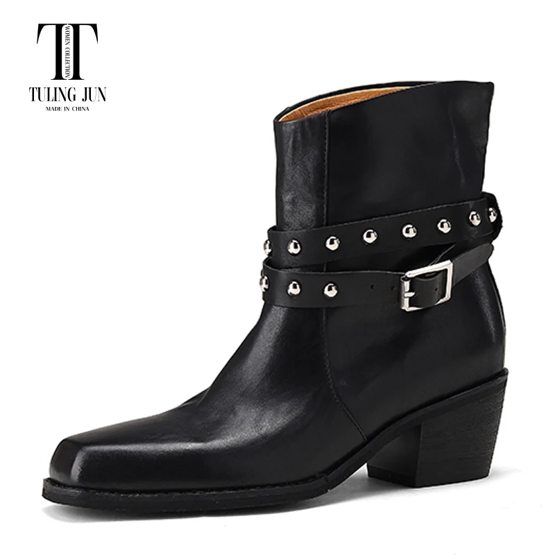 TULING JUN 2024 New Autumn Winter Retro Women's Short Boots Square Toe High Heel Rivets Comfort Hot Sellers Shoes For Women L