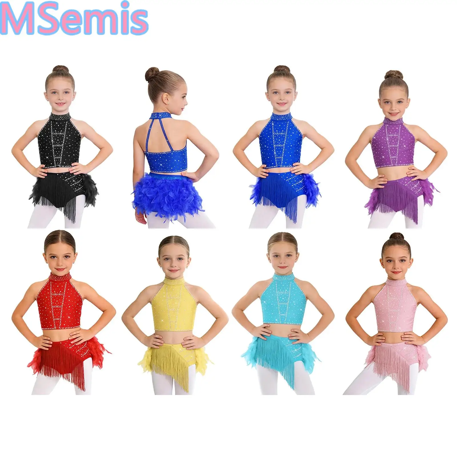 

Kids Girls Latin Dance Outfit Halter Strappy Back Crop Top with Elastic Waistband Tassels Feather Skirt for Samba Rumba Cha-Cha