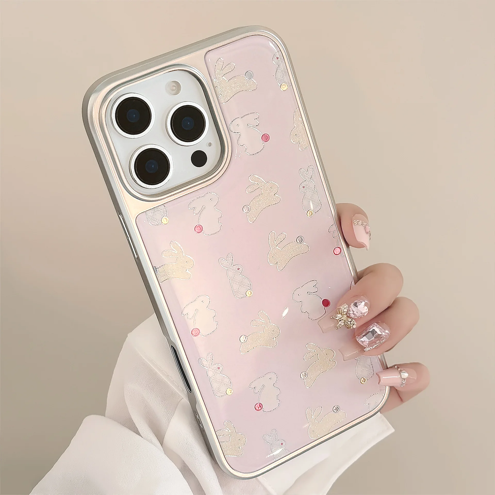 

Gilded Polka Dot Bunny Pattern Phone Case For iPhone 16PRO/15 PROMAX Gril's Sweet Phone Case Drip Glue Simple Anti-fall Case