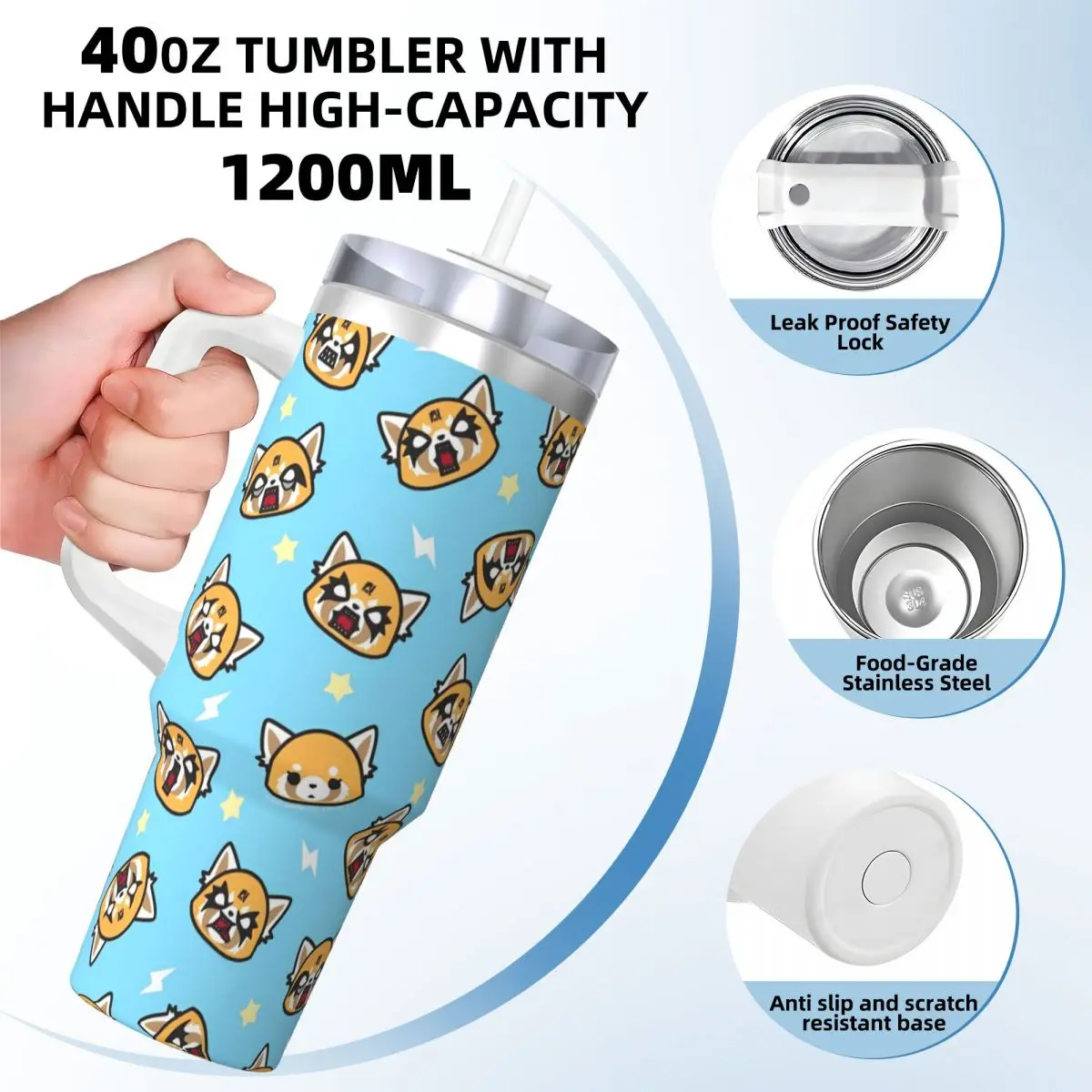 Aggretsuko Cartoon Tumbler Cold Drink Water Bottle Insulated Stainless Steel Thermal Cups Graphic Beach Car Mugs