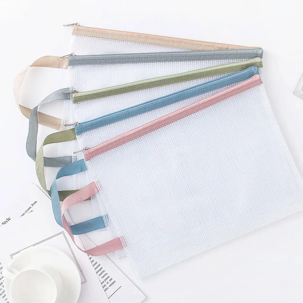 Bolsa de archivo de malla de gran capacidad, bolsa transparente con cremallera, organizador de documentos de mano para aula y oficina, 5 uds.