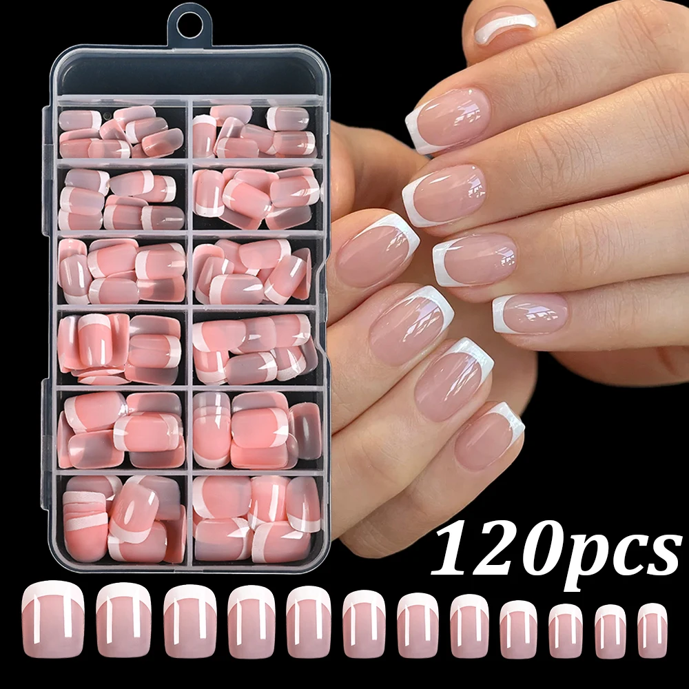 

120Pcs French Short Square Coffin Fake Nails Pink White Simple Ballerina Press on Nail Acrylic Full Cover Soft Gel False Nailtip