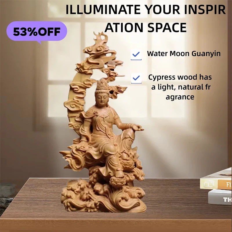 

Natural Cypress Water Moon Guanyin Statue Chinese Buddha StatuesHand-carved Home Room Office Feng Shui Figure Decoration Statue