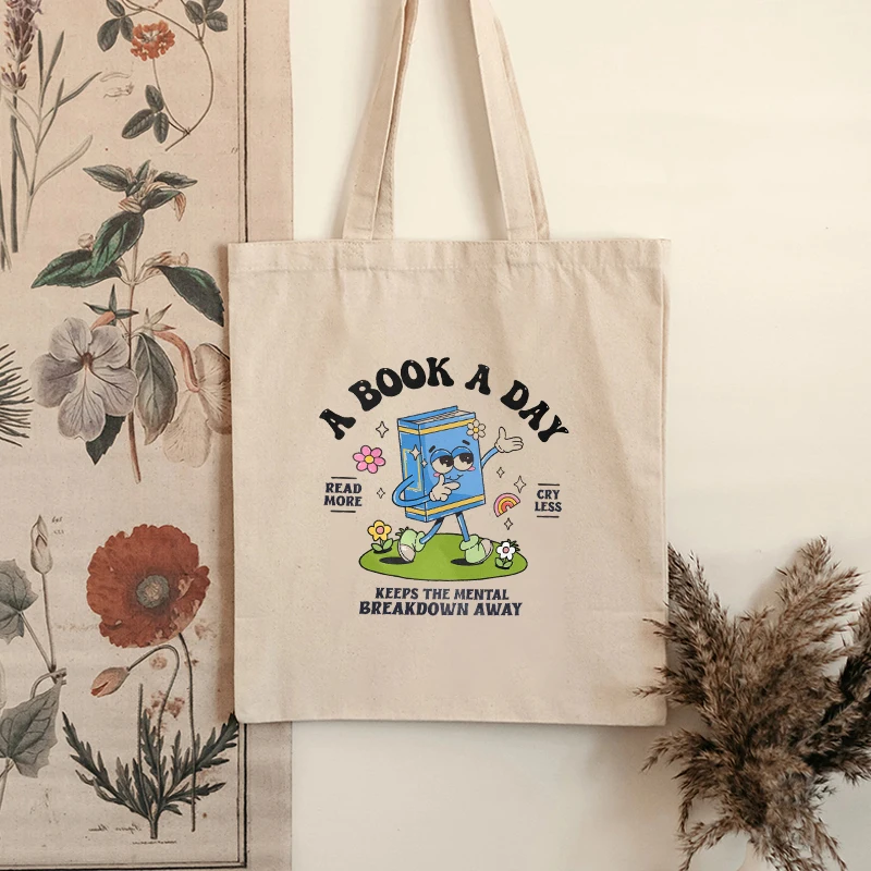 A Book A Day Canvas Totes for Women Stylish Portable Tote Handbags Travel Shopping Toilet Storage Clutch Kawaii Gift for Her