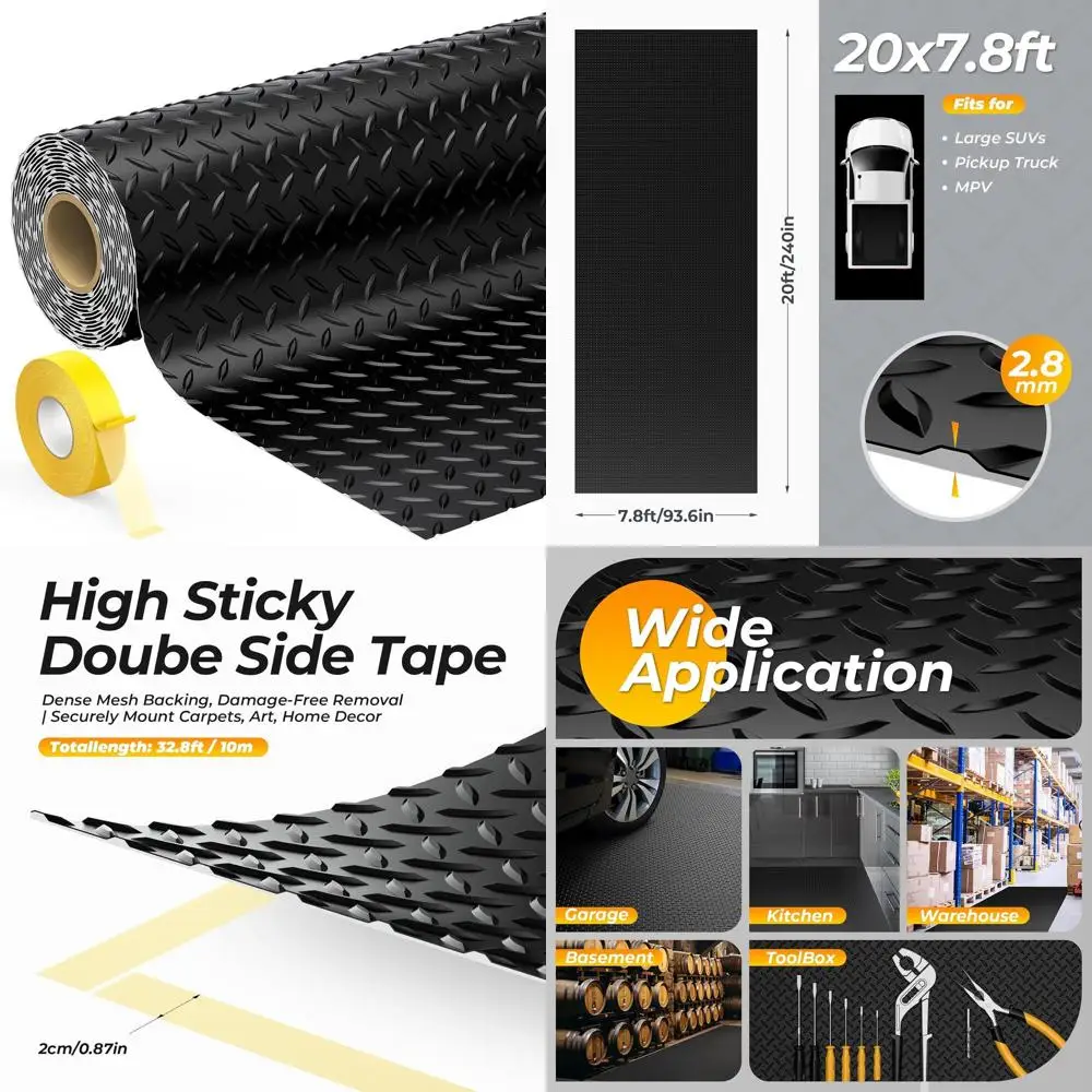 

7.8x20ft Thick Diamond Plate Vinyl Garage Floor Mat for Large Vehicles - Black