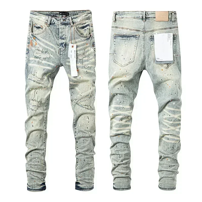 2024 Top quality Purples Men brand jeans trend hole dirty washed straight American Stylish and slim pants