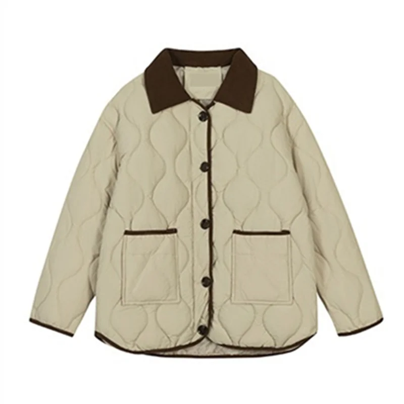 秋冬ショート丈ダウンコットンジャケット レディース 2025新作 配色ラペル 軽量 ゆったり コットン服 女性用アウター