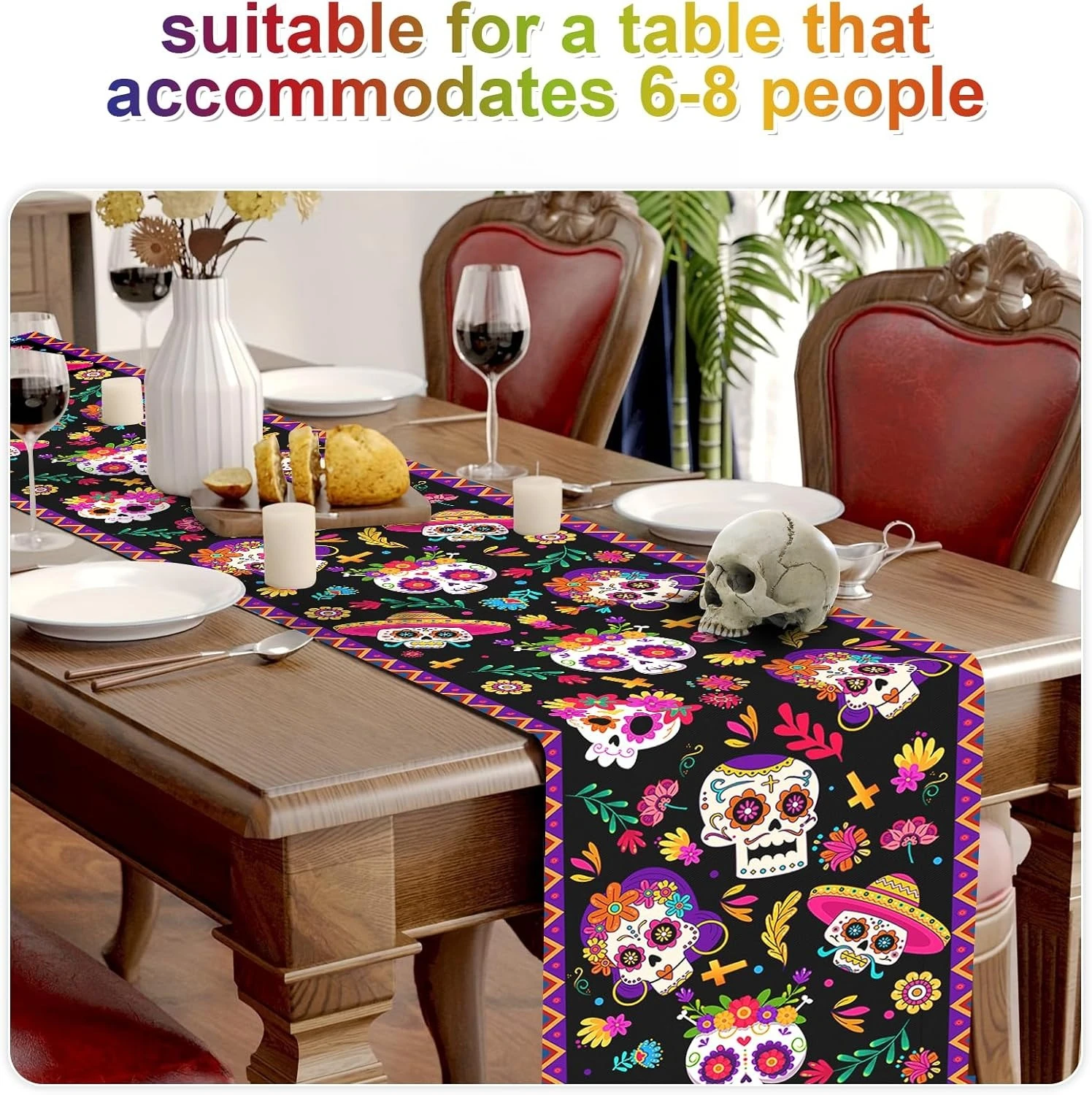 Mexican Day of The Dead Sugar Skull Table Runner Tabletop Decor Reusable Dia De Los Muertos Kitchen Dining Table Runner Decor