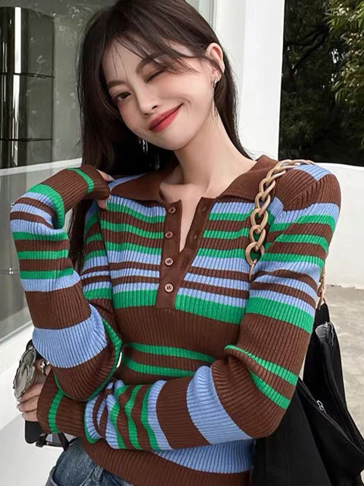 

Autumn Striped Pullovers Women Korean Fashion Knitted Sweater Lady Harajuku Long Sleeve Knitwear Top Female Casual Slim Pullover