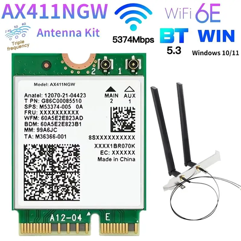 For AX411 WiFi Card+2X8DB Antenna WiFi 6E CNVio2 BT 5.3 Tri-Band 5374Mbps Module for Laptop/PC Win10/11-64Bit-TCES
