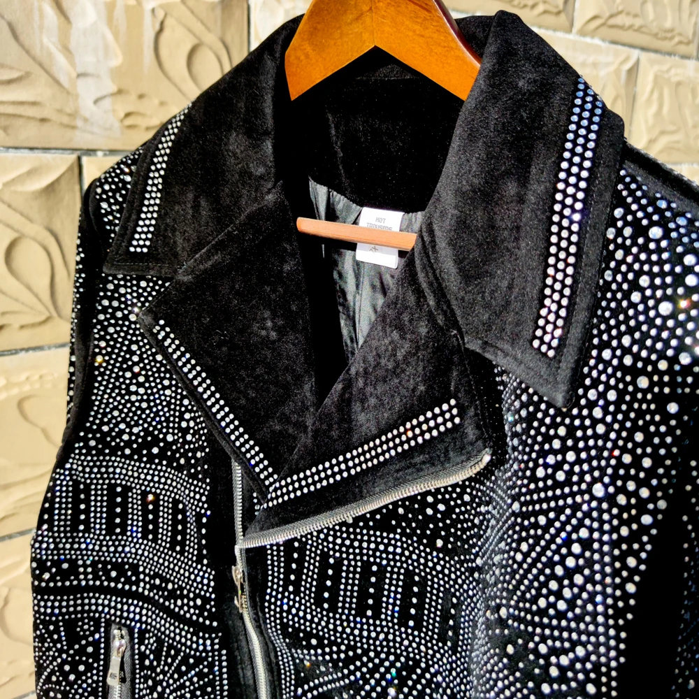 Black Rhinestones Motorcycle Jacket Coat Jaqueta Bomber Diamond 2024 New Top Quality Luxury Hot Drill Punk Club Outfit Jacket