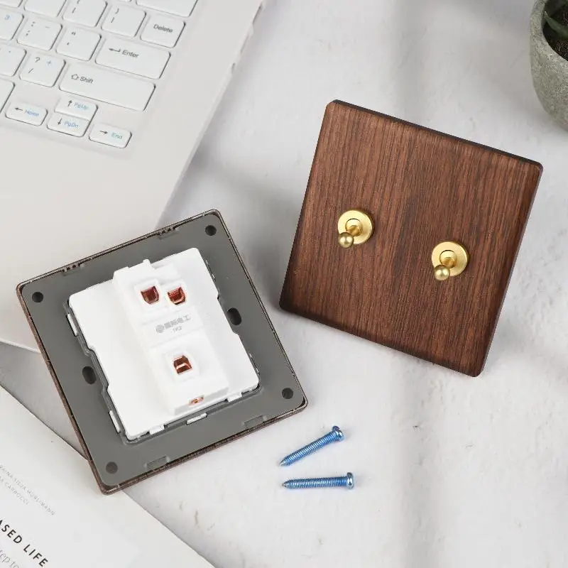 ⭐ Wood Retro British Light Switch Socket Bedside Wall Lamp Switch LED Dimmer Pure Brass Toggle Switch Board