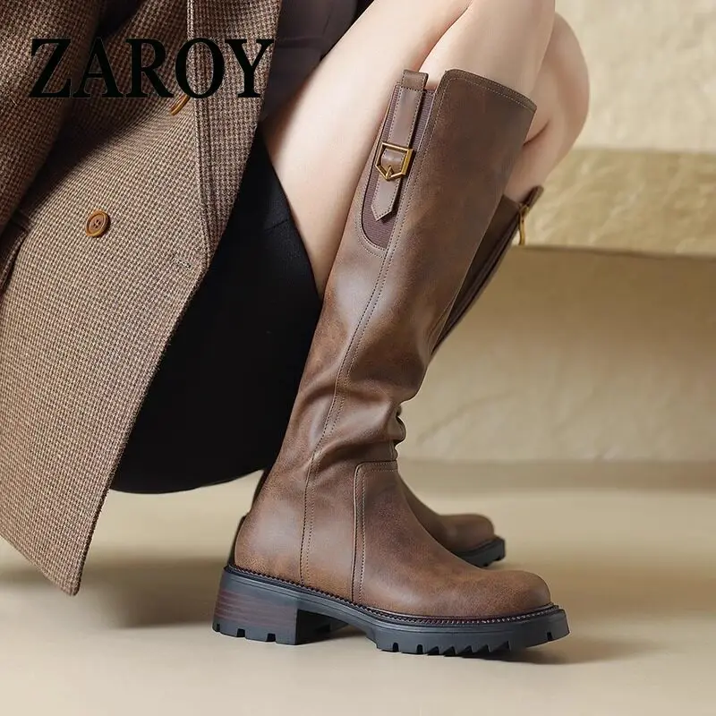 Outlet ClearanceBrown knee-high boots, women's fleece riding boots, slimming long boots with thick heels