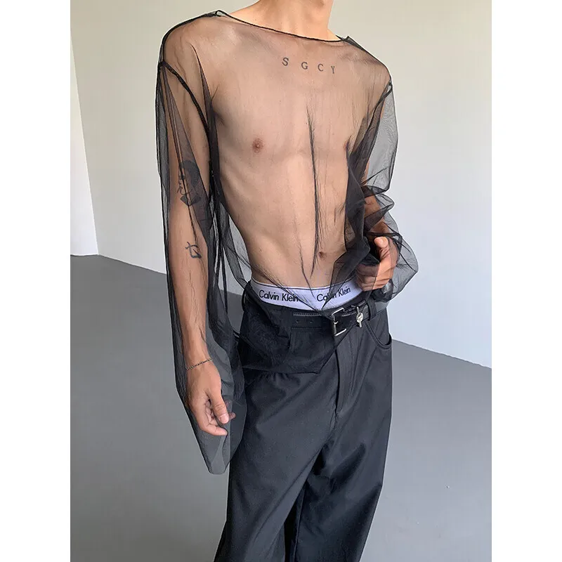 

Summer Thin T-shirt Men Fashion Black White Long Sleeved T-shirt Men Streetwear Korean Loose Transparent T Shirt Mens Top