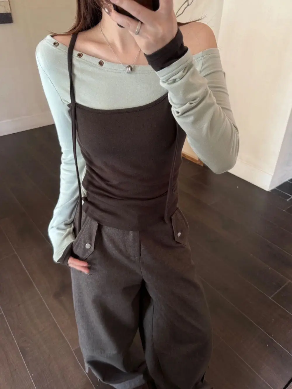 Early Autumn Women's Slim Fit Color Block Long Sleeve T-Shirt Shoulder Splice Base Shirt Korean Style Commute Pure Color