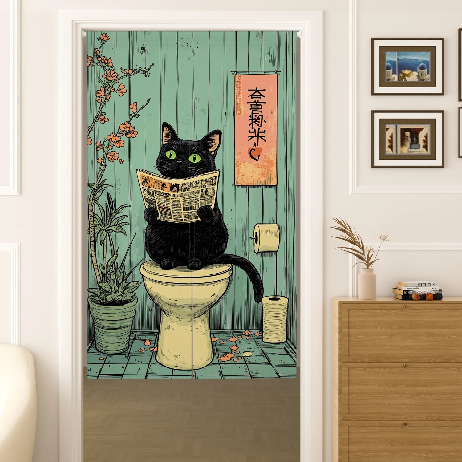 Japanese Cat Noren Curtain Cute Cat with Plum Blossom Ramen Design for Izakaya Decoration Funny Anime Style Hanging Half Curtain