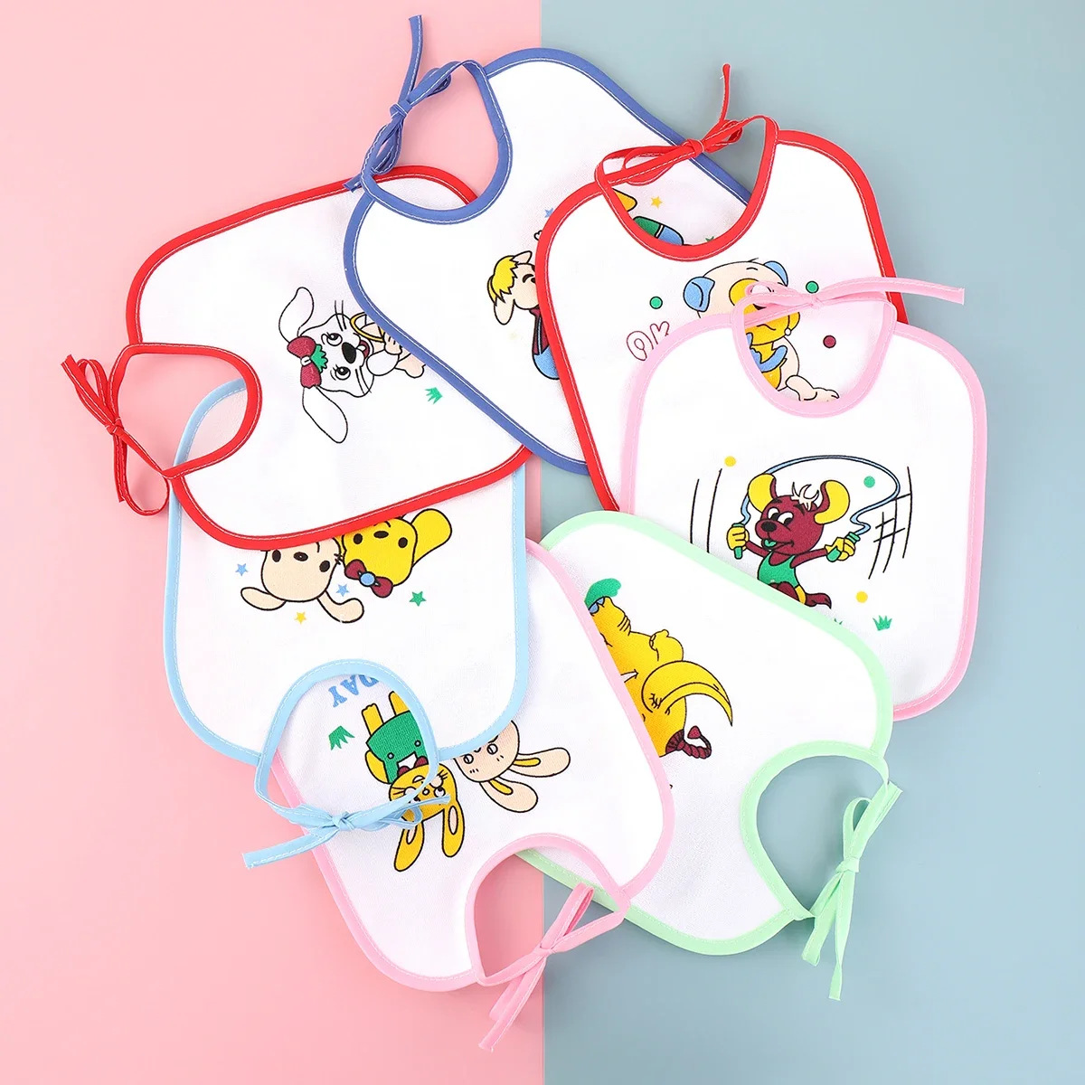 7pcs Set of Baby Girl and Boy Dinner Cloth Towel Straps Cartoon Printed Newborn Chest Cloth Saliva Towel U-shaped Saliva Towel