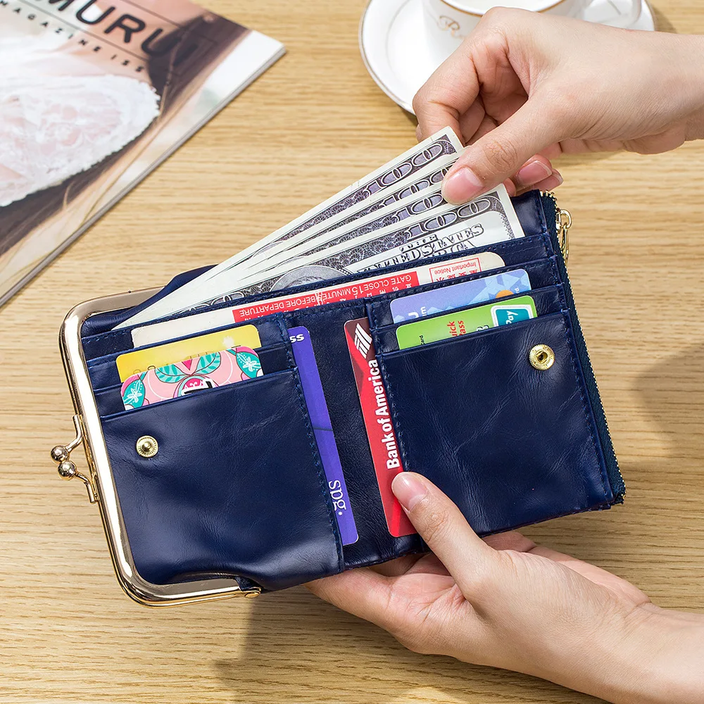 Cowhide Retro Short Wallet Women\'s Multifunctional Clip Coin Purse Simple Storage Bag Small Fold Card Holder Purses for Women