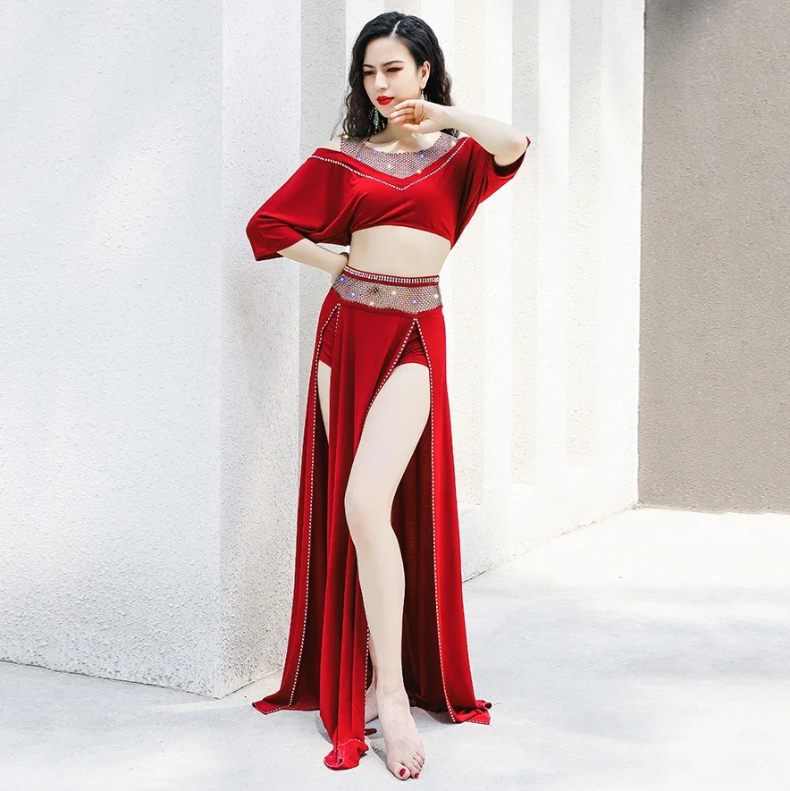 

Сексуальный комплект из 2 предметов, женский костюм для восточного танца, костюм для танца живота, наряд для девочек, групповой костюм с открытыми плечами и рукавами, сексуальный сетчатый топ