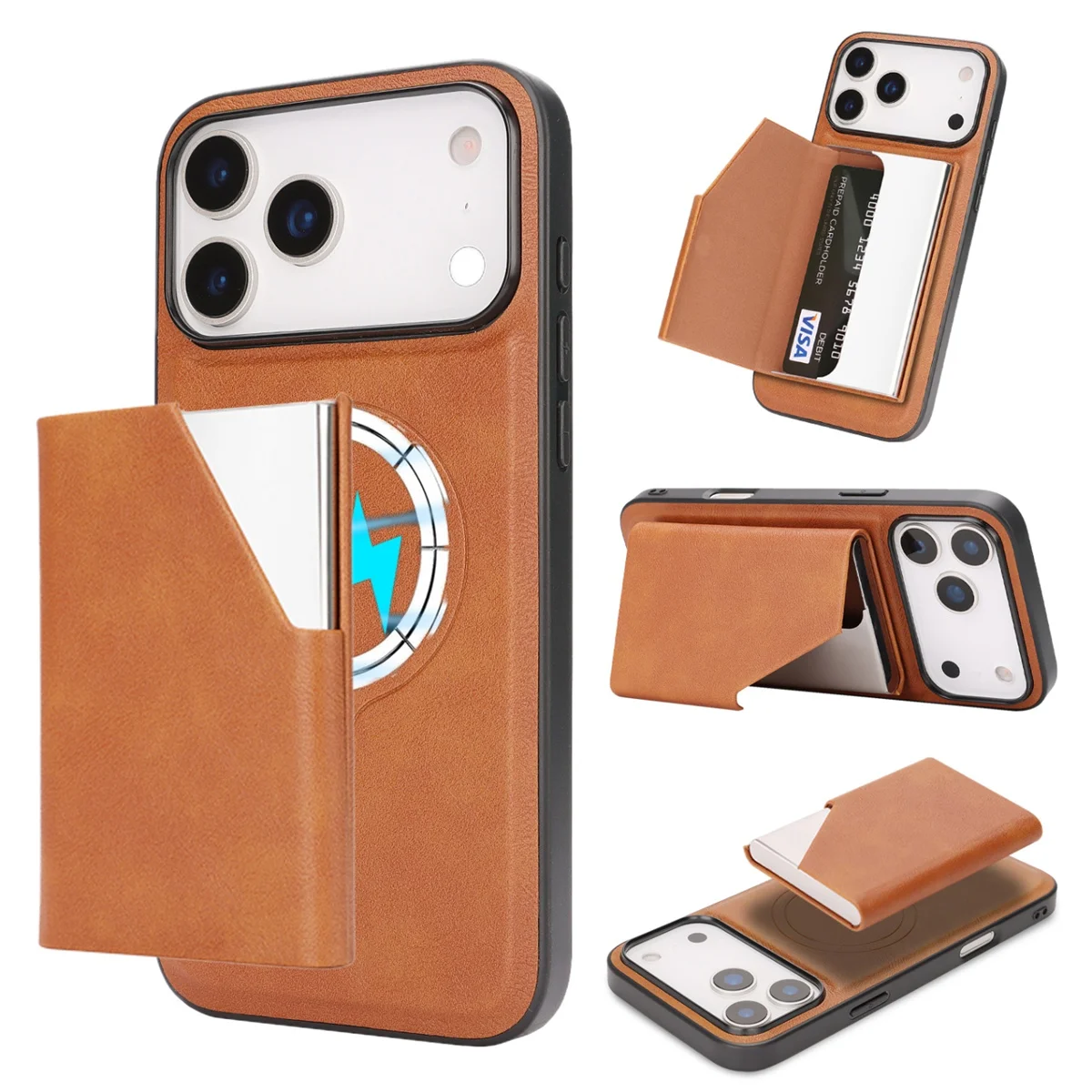 Spiegel-Brieftaschen-Kartensteckplätze, magnetische Leder-Handyhülle für iPhone 17 Pro Max 17 Air 16 15 14 Plus 13 12 kabellose Ladeabdeckung