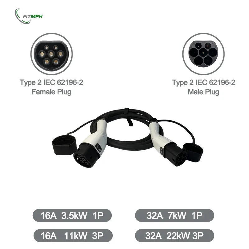 FITMPH Type 2 to Type 2 EV Cable, 22kW 32A 3 Phase, Mode 3 IEC62196-2 EV Charging Cable for EV & PHEV