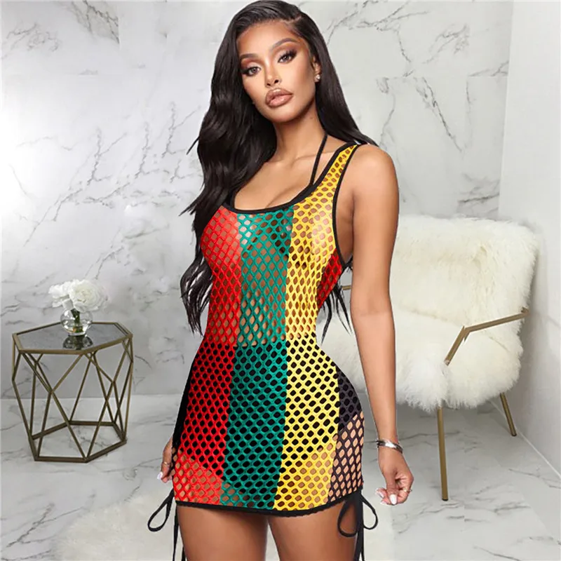 New Style Rainbow Striped Women Dress For Beach Cover Ups Hollow Out See Through Sexy Vestidos 2024 Fashion Party Mini Dresses