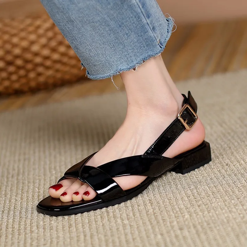 Patent Leather Women Sandals Square Toe Buckle Strap Roman Shoes for Women Plus Size Low Heel Casual Beach Sandals Solid Zapatos