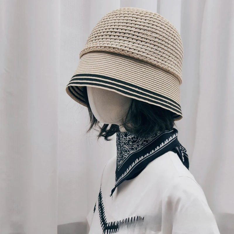

2025 Japanese simple linen hollow-out foldable striped fisherman hat Fashion women's summer outdoor sunscreen bucket hat