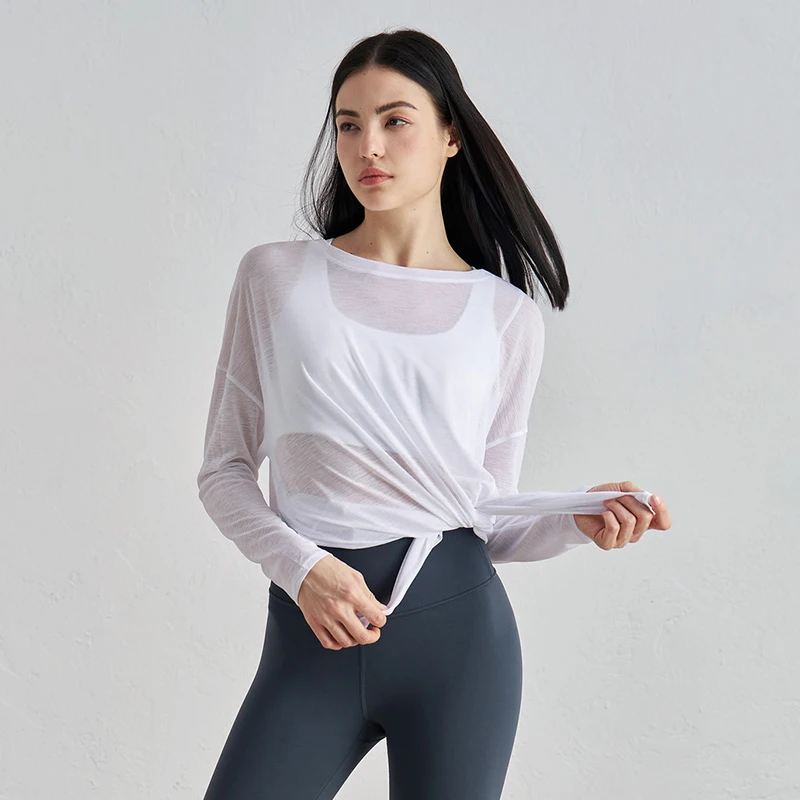 

Сексуальная дышащая женская рубашка для йоги с боковым разрезом и длинными рукавами, свободная быстросохнущая удобная рубашка для бега, отдыха, тренировок, йоги, спортивный топ ‍ ♀️