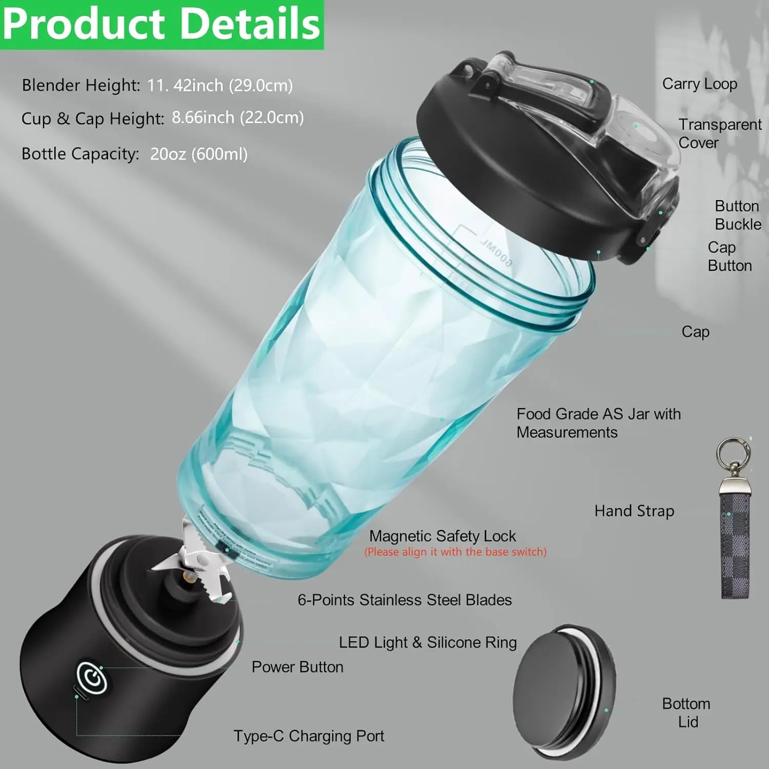 Portable Blender, Cordless, 18oz. Vessel, Personal Blender-for Shakes & Smoothies, BPA Free, Leakproof-Lid  USB-C Rechargeable