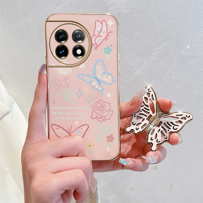 11 R Rose Butterfly Plating Holder Phone Case For Oneplus 9R 9RT 9 9Pro 10T 10R 11Pro 11R 11 12 8T 10Pro Ace 2Pro 2V 3V Cover