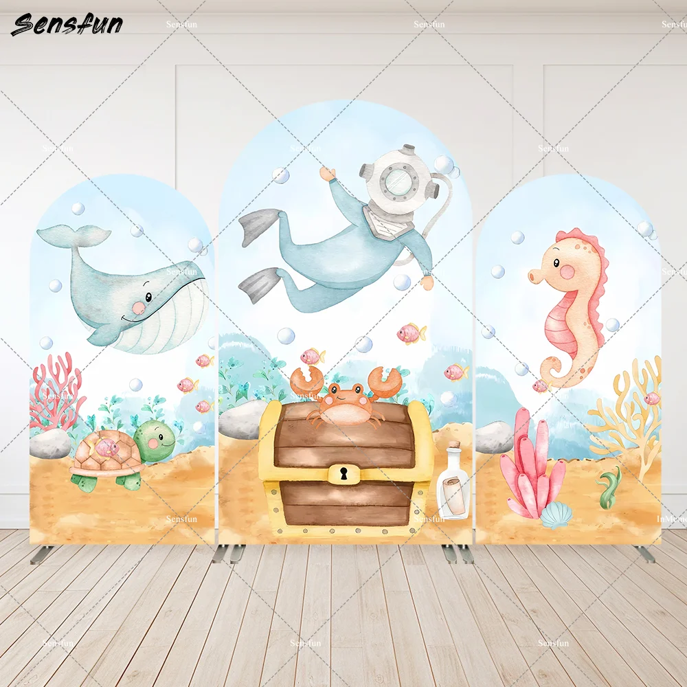 

Underwater Sea Birthday Party Arch Cover Backdrop Cute Ocean Shark Animals Baby Shower Arched Wall Background Banner 2-Sided