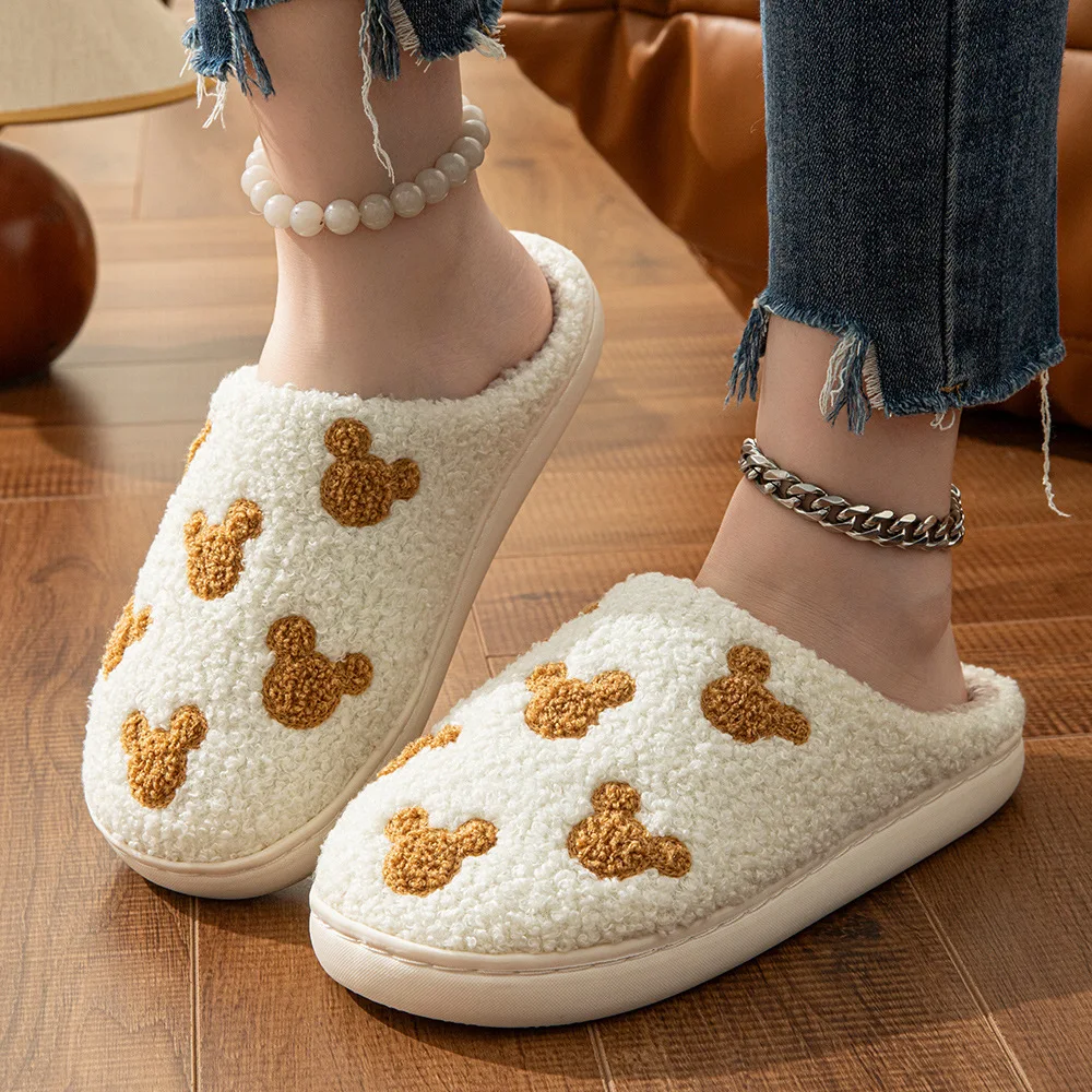 Ladies' Embroidered Teddy Bear Slippers for Autumn Winter Comfortable Warm Non-Slip Home Slippers