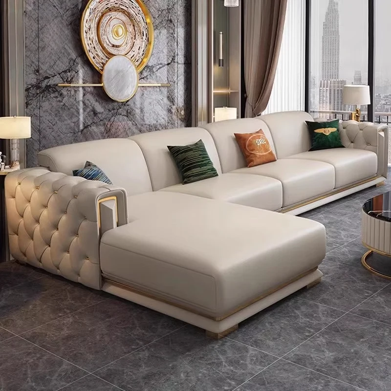 

Italian style light luxury leather L-shaped corner recliner sofa set multi-functional high-end living room tufted sofa