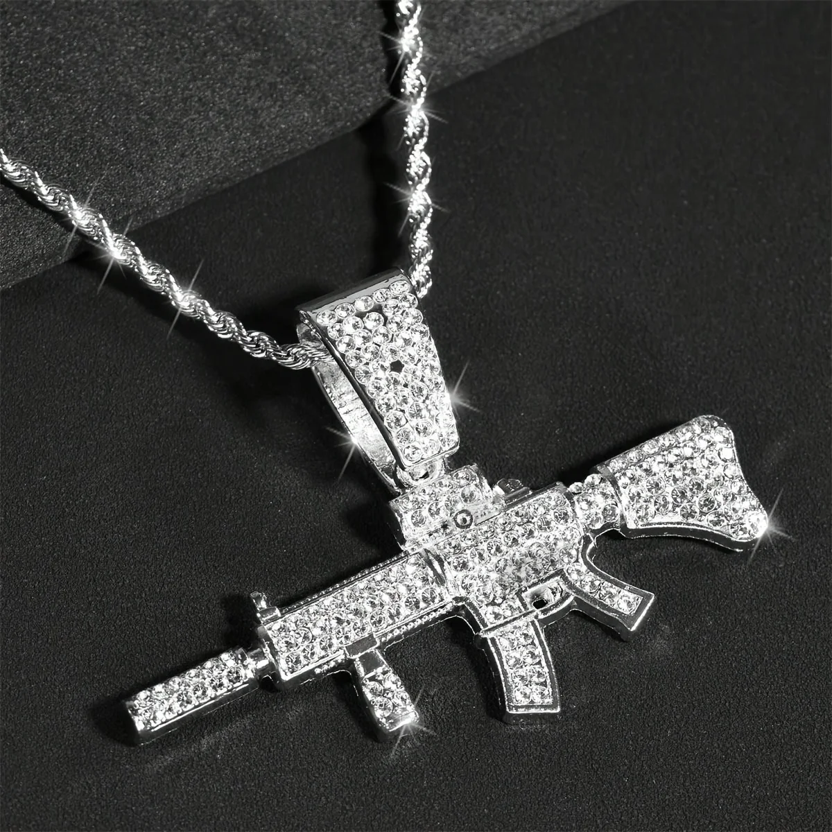 Fashion HipHop Ak47 Submachine Gun Pendant Necklace For Men Crystal Cuban Chain Iced Out Bling Necklace Punk Rock Biker Jewelry view 3