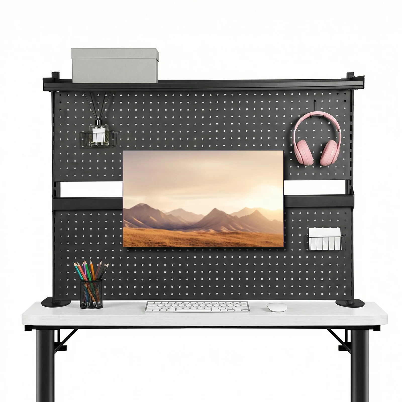 

Metal Pegboard with Monitor Stands Computer Accessories Desktop Shelving System 51 X 34 Inch for Office Supplies Dorm Home Decor