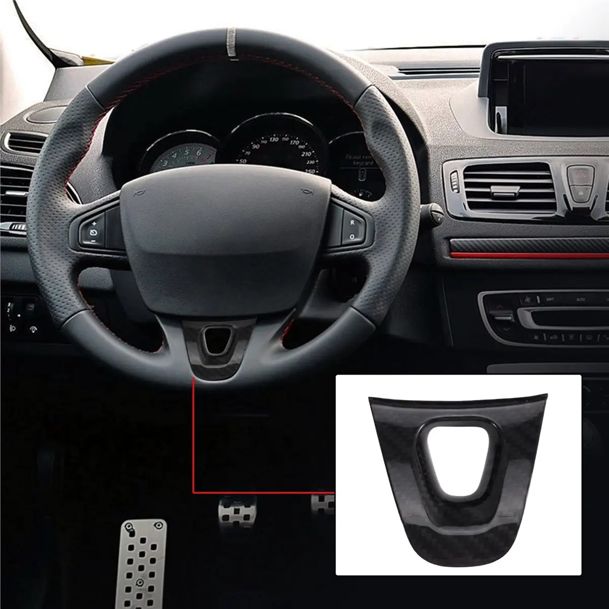 #80N Steering Wheel Decoration,Hard Dry Carbon Fiber Car Steering Wheel Trim Sticker for Renault (Carbon Fiber Pattern)