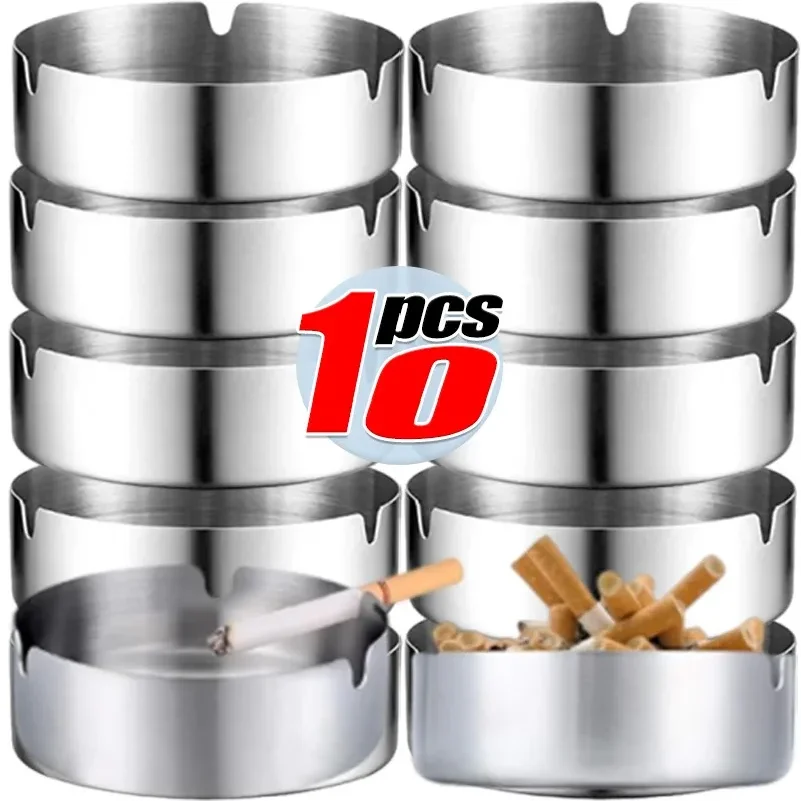 1/6pc Smoke Ashtray Stainless Steel Cigarette Ash Silver Metal Ash Holder Heavy Duty Tabletop Ashtray for Hotels Restaurant Bar