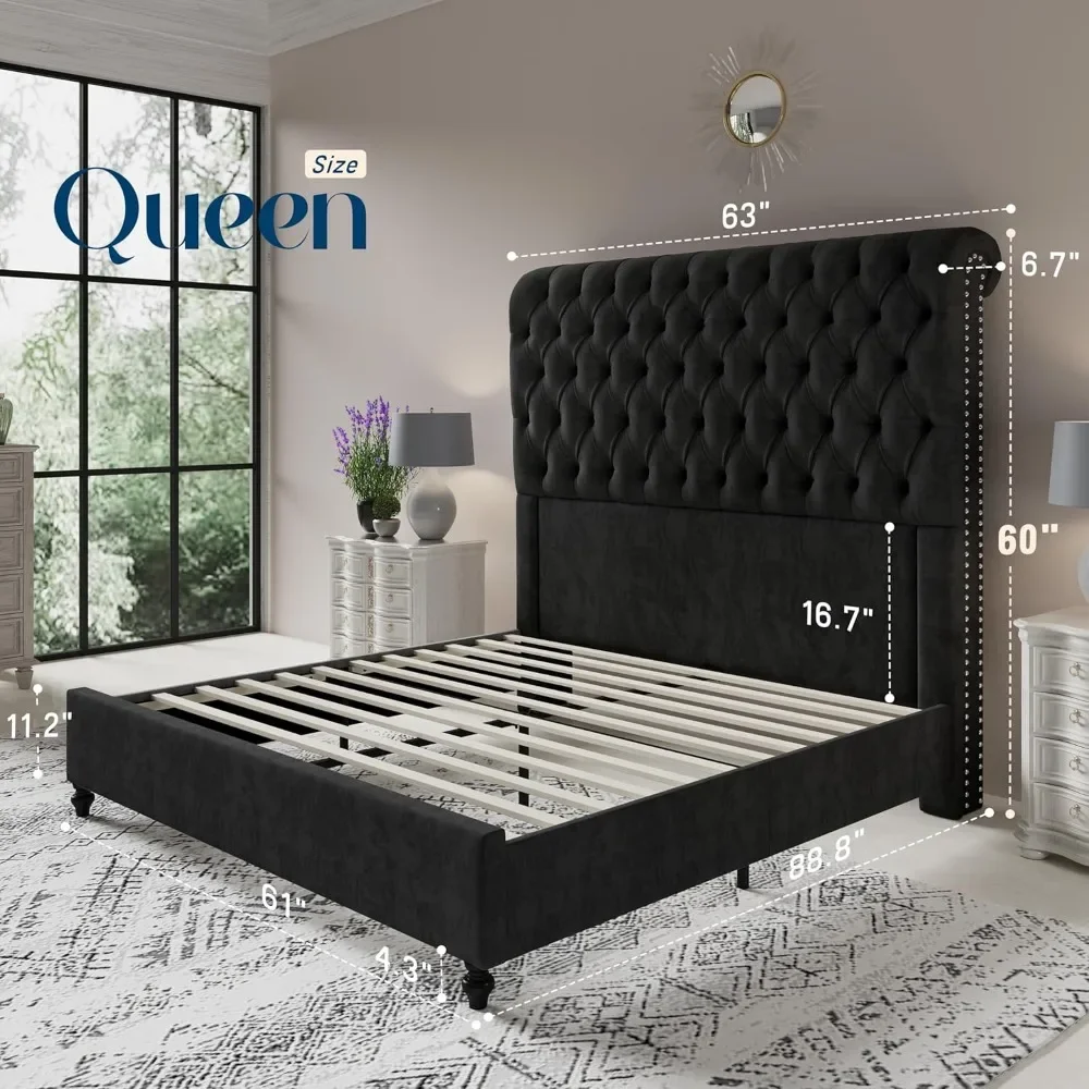 Queen Size Bed Frame with Sleigh Headboard 60