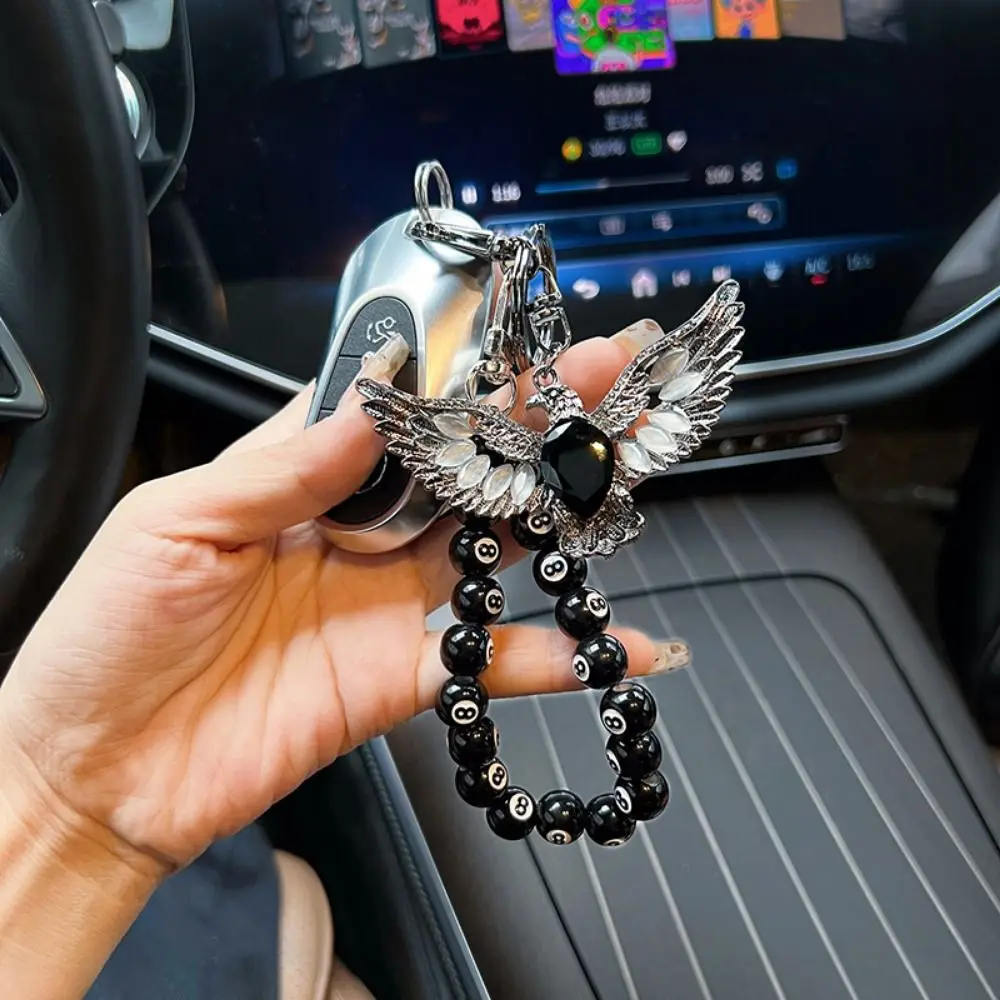 

Cat Eye Stone Beaded Eagle Keychain Black 8 Billiards Delicate Bag Pendant Advanced Sense Alloy Car Key Ring For Men Women