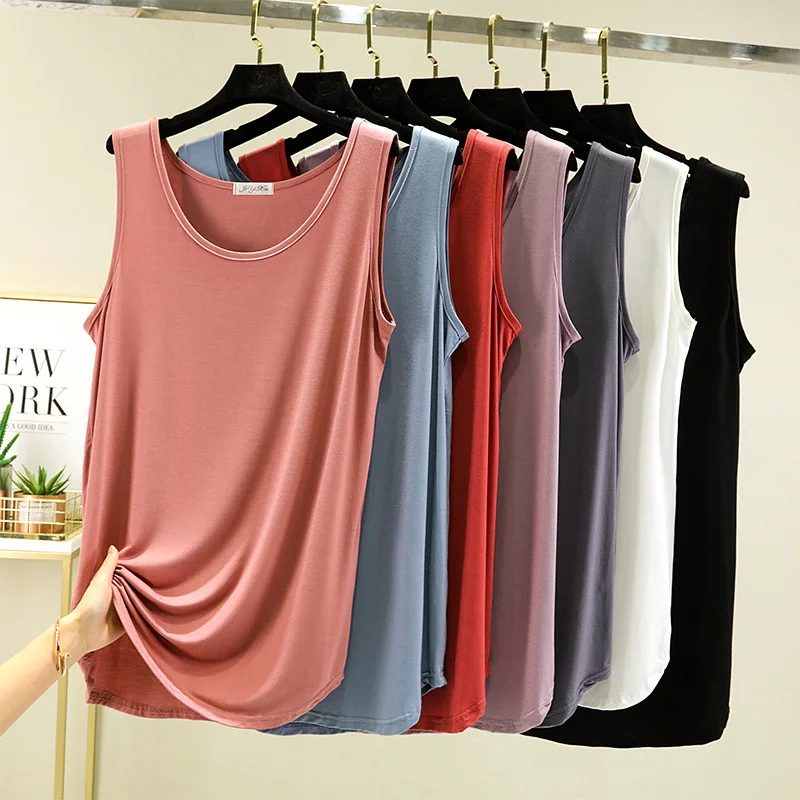 Letnie modalne długie podkoszulki w jednolitym kolorze Damskie podstawowe koszulki bez rękawów Luźne koszulki Plus size streetwear