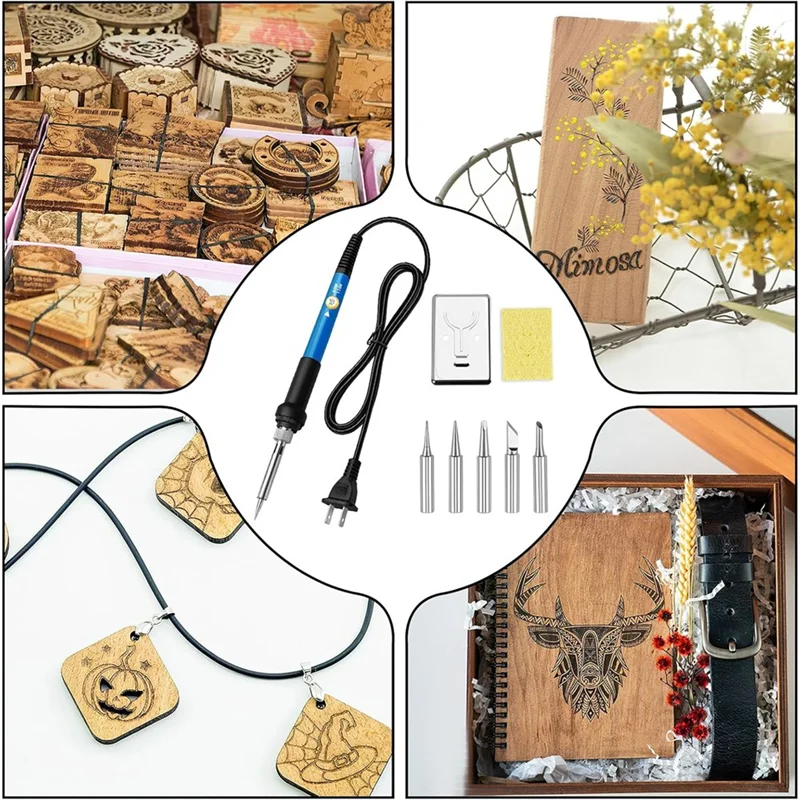 ABAE-Wood لمجموعة بيروغرافي، حديد قابل للتعديل لدرجة الحرارة بـ 6 درجات الحرارة مع 5 أطراف وإسفنجة، لأداة حرق الخشب للحرف الفنية DIY US Pl