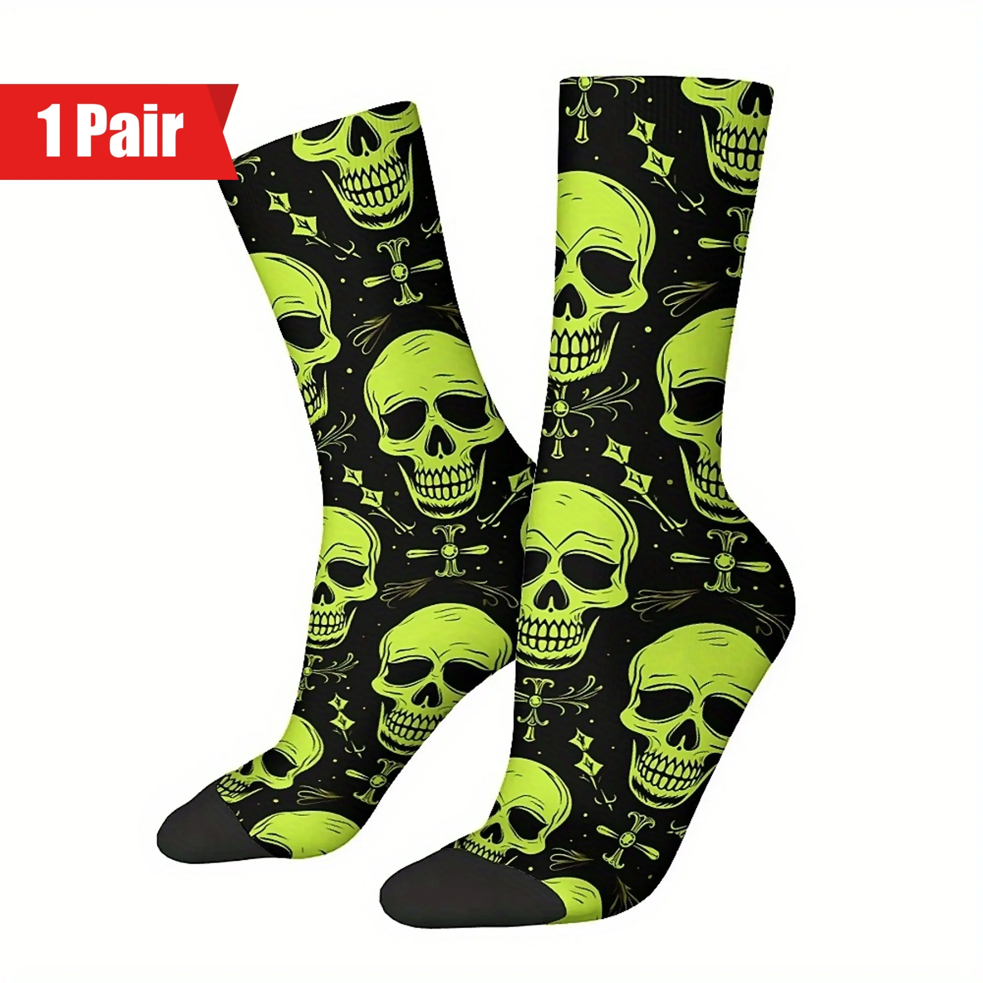 

Green Skull Pattern 1 Pair Men's Mid-calf Crew Socks, Breathable Comfy Casual Socks Fashion Sports Socks For Outdoor