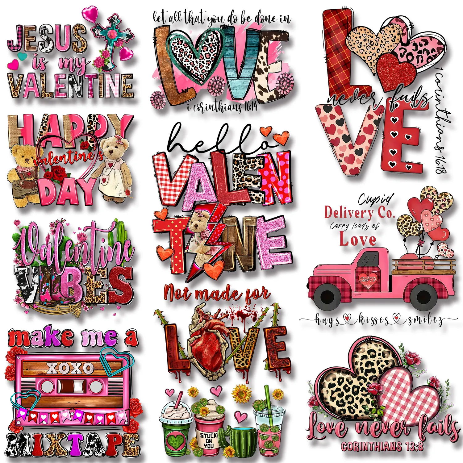 Jesus is My Valentine Coffee Love You Forever Skull Sucker For You Farm Leopard Print Iron on Decal Applique for Cloth Diy Craft