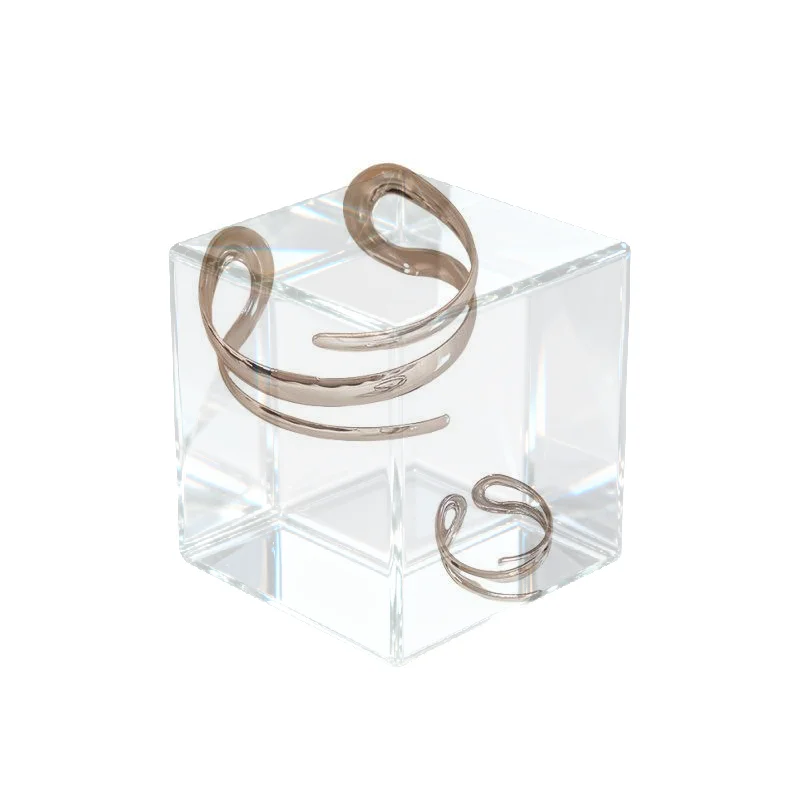 2Pcs Wide Face Geometric Lines Hollow Bracelet Ring For Women Temperament Fashion Jewelry Set Bridesmaid Wedding